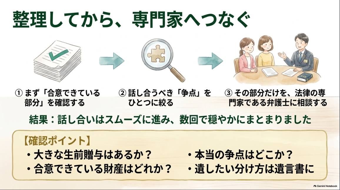 整理してから、専門家へつなぐ：合意できている部分を確認→争点をひとつに絞る→その部分だけ弁護士に相談